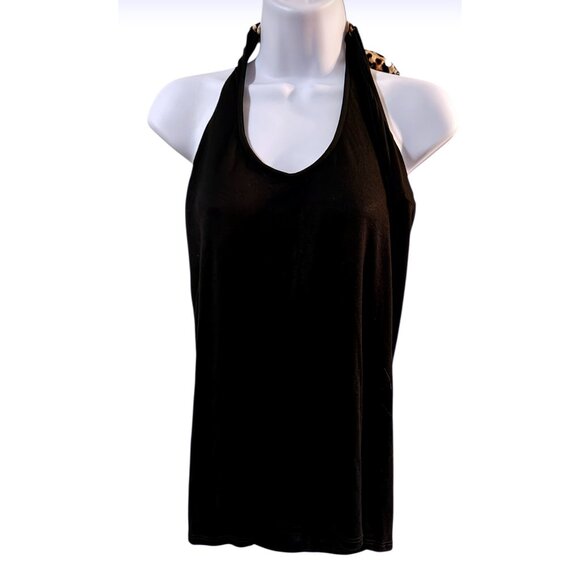 BiBi Tops - Bibi Women's Black Halter Top with‎ Leopard Print Trim Womens Size M